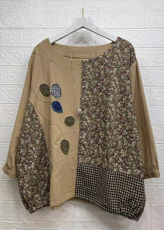 Khaki Asymmetrical Print Patchwork Cotton Top Fall