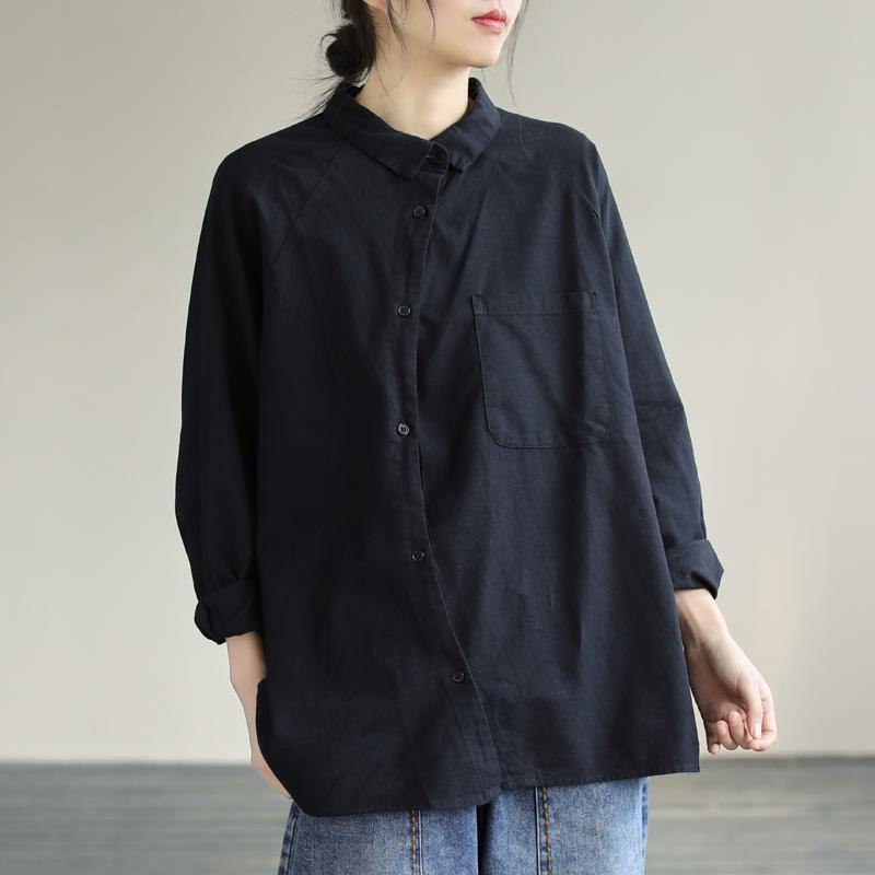 Modern Lapel Pockets Spring Clothes Pattern Black Blouses