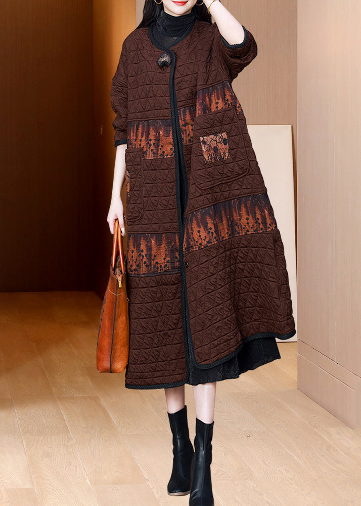 Coffee O Neck Pockets Patchwork Fine Cotton Filled Coat Fall