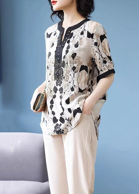 Black V Neck Print Rivet Chiffon Tops Summer