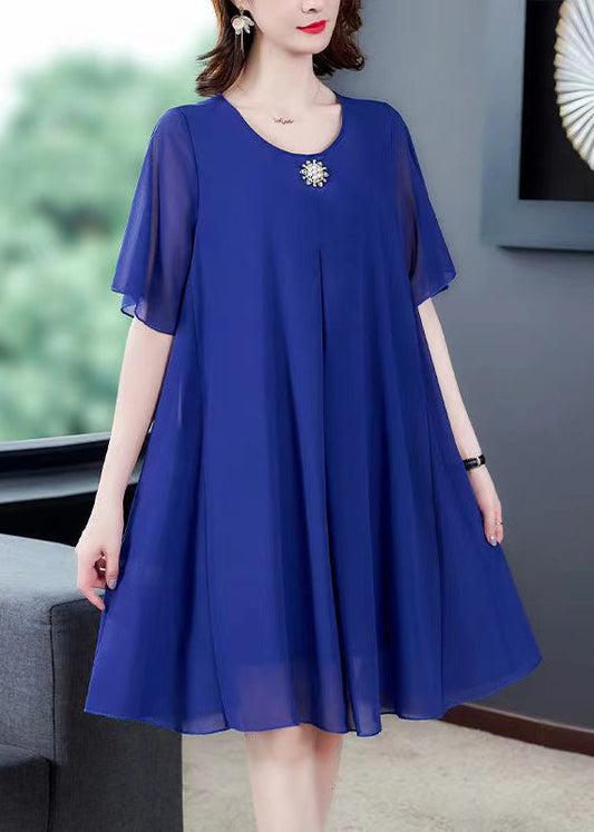 Loose Blue O Neck Chiffon Dresses Summer