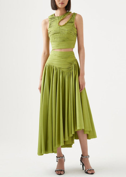 Art Green Wrinkled Hollow Out Cotton Two Piece Set Sleeveless