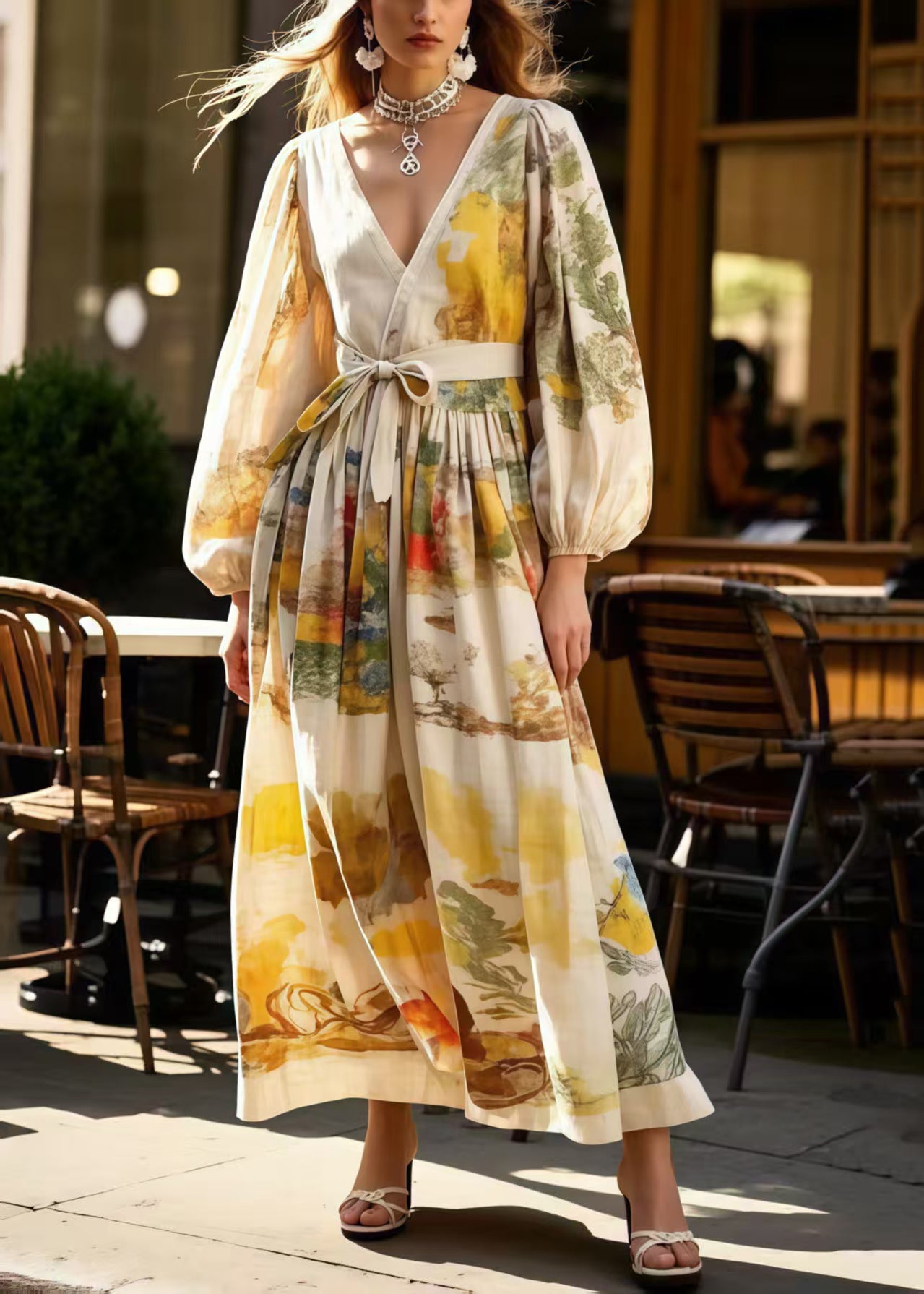 Apricot Tie Waist Print Cotton Holiday Dress Spring