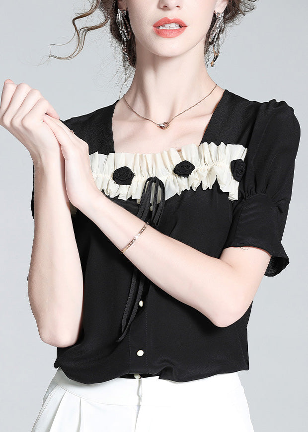 Black Square Collar Patchwork Silk Top Summer