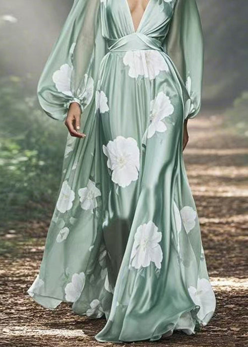 Italian V Neck Print Silk Long Dress Lantern Sleeve Spring