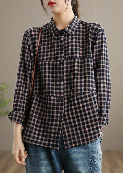 Blue Plaid Top Silhouette Lapel Patchwork Short Spring Tops