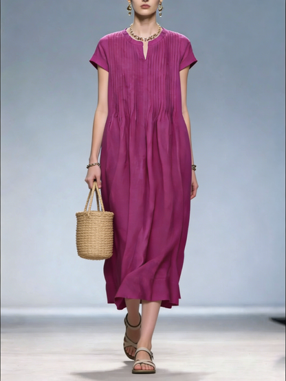 French Rose V Neck Wrinkled Pockets Patchwork Linen Dresses Summer