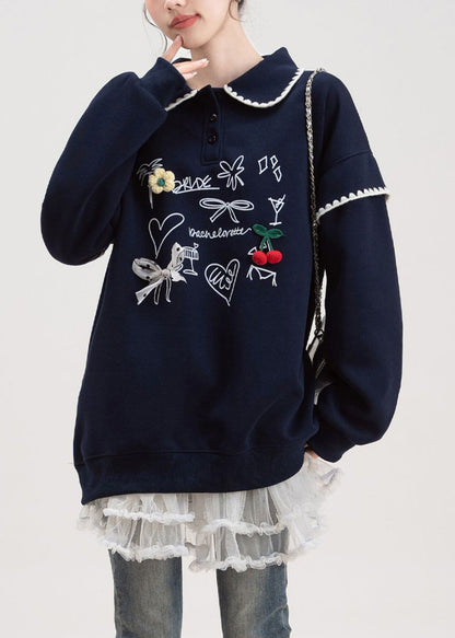 Loose Navy Button Print Cotton Pullover Fall