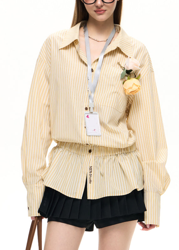 New Yellow Embroidered Striped Elastic Waist Shirt Lantern Sleeve