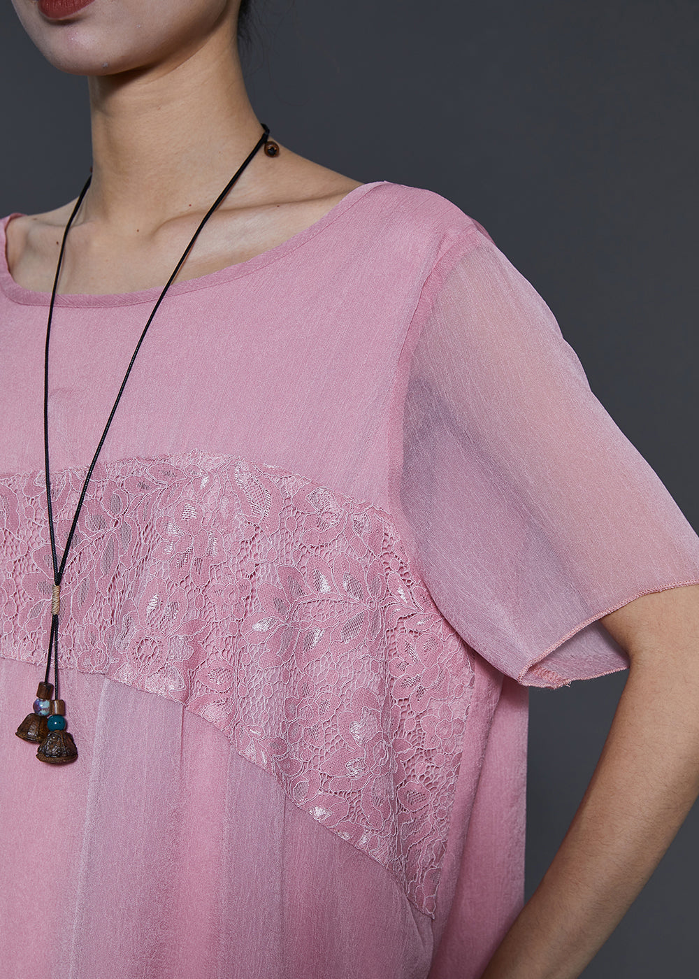 Pink Asymmetrical Patchwork Lace Chiffon Two Pieces Set Summer