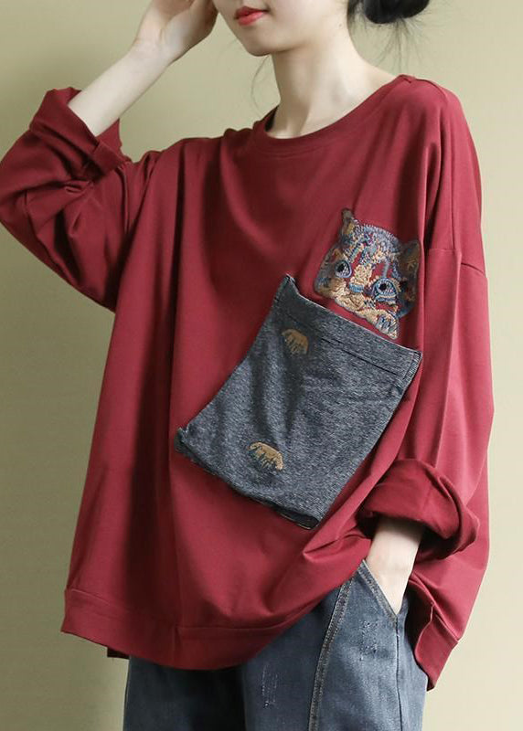 Art Red O-neck Embroideried Pockets Cotton Sweatshirt Long Sleeve