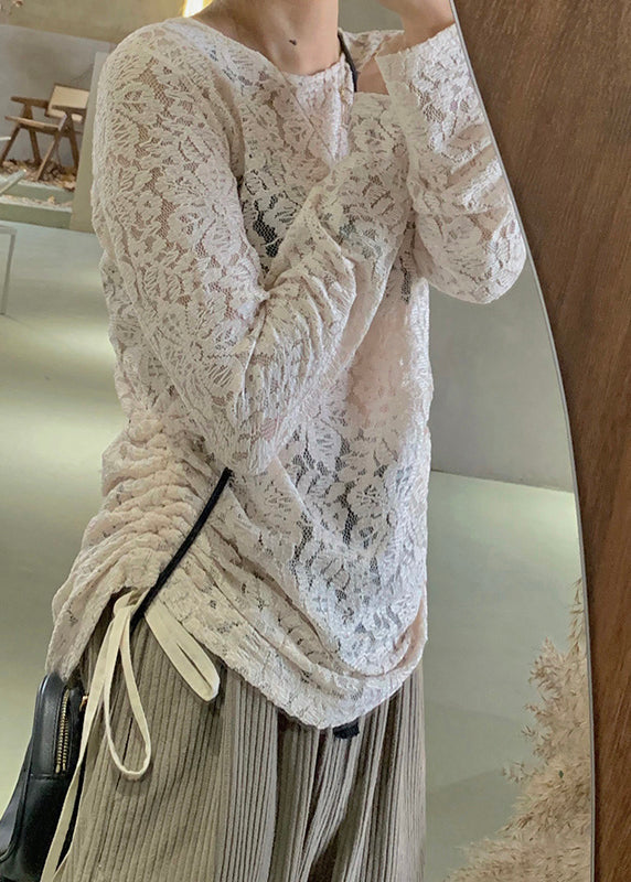 Art Apricot O-neck Patchwork Drawstring Silk Velour Lace Top Long Sleeve