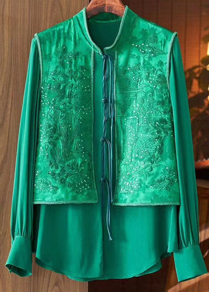 Green Tasseled Jacquard Patchwork Silk Shirt Top Spring