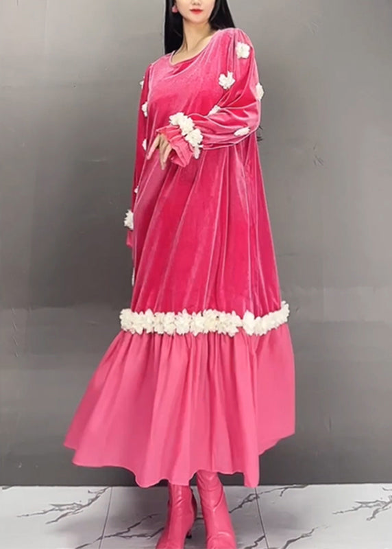 Boutique Red O-neck Embroidered Silk Velour Long Dresses Fall