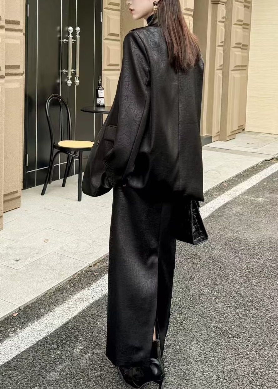 Black Notched Tie Waist Satin Coats and Maxi Skirts Two Pieces Set Spring