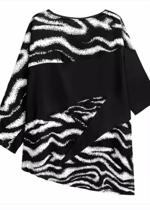 Black White Striped O-neck Patchwork Silk Shirt Summer