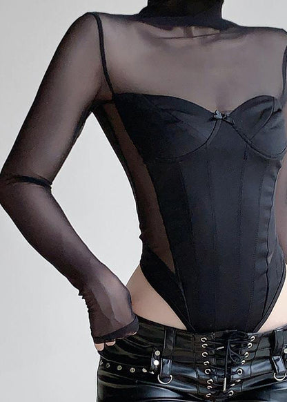 Black Turtleneck Tulle Bodysuit