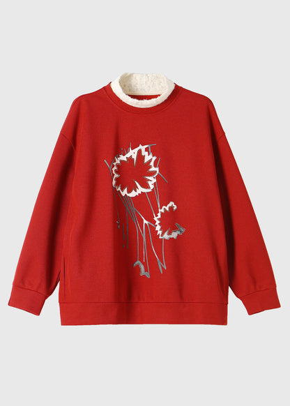 Red Turtleneck Patchwork Print Fake Two Pieces Fleece Sweatshirt Winter