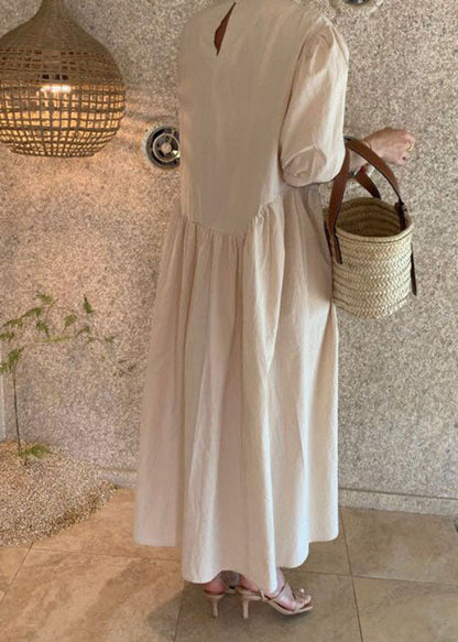 Khaki O Neck Wrinkled Patchwork Cotton Dresses Summer