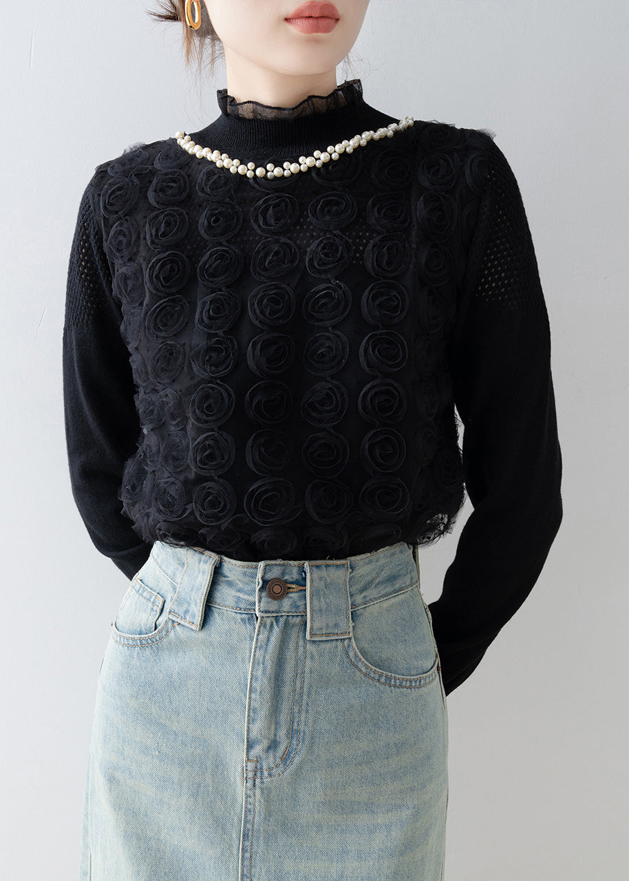 Black Decorated Knit Shirt Top Stand Collar Spring