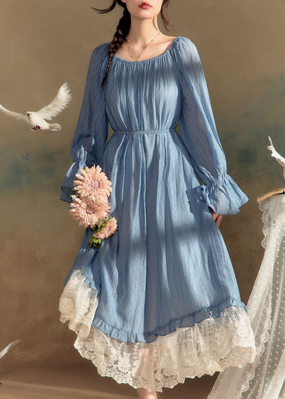 New Blue O-neck Lace Patchwork Cotton Long Dress Flare Sleeve