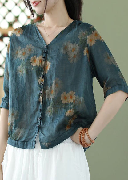 Blue V Neck Button Print Cotton Shirt Summer