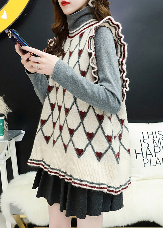 Style Beige O-neck Ruffled Plaid Fall Knit Vest