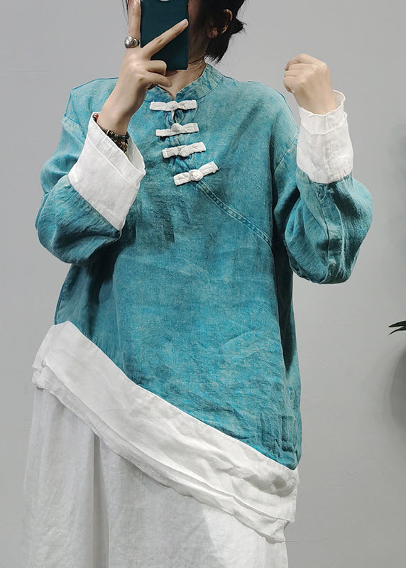 Style Red Stand Collar Asymmetrical Patchwork Linen Shirt Top Long Sleeve