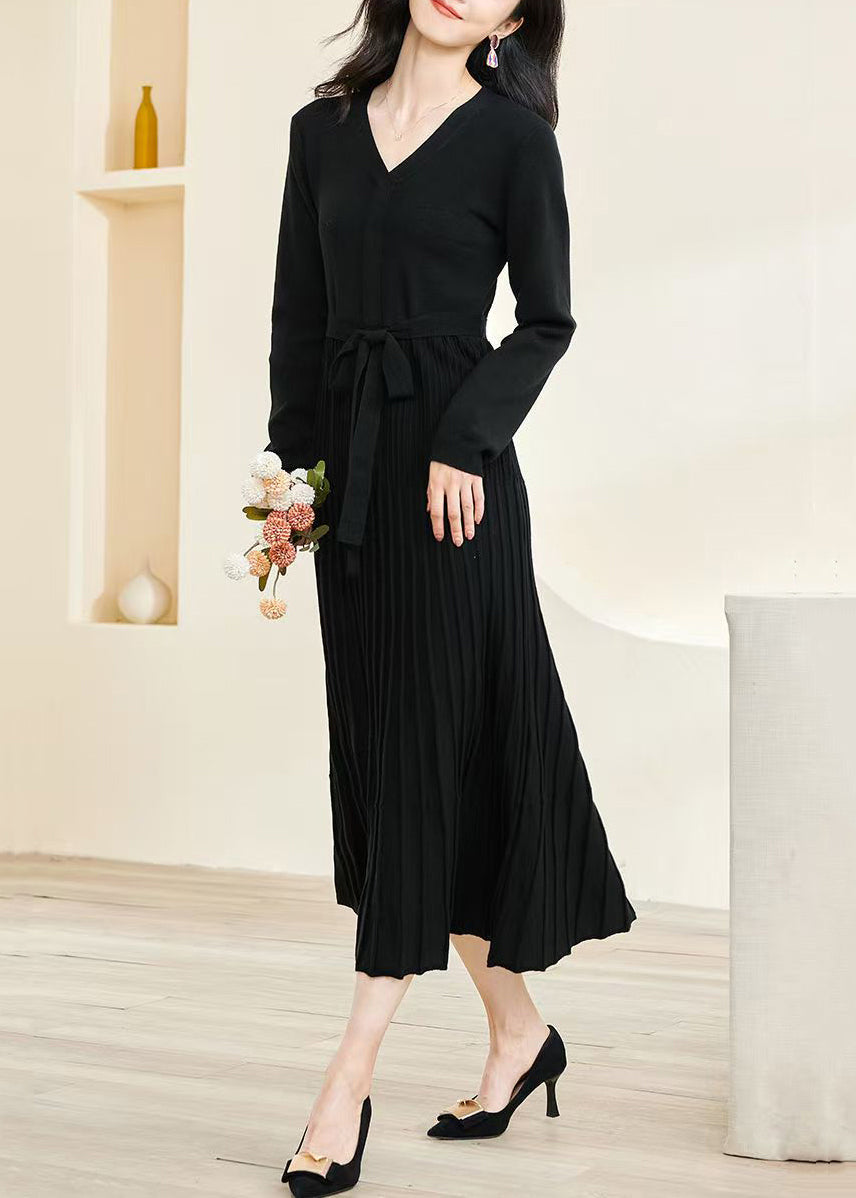 Slim Fit Black V Neck Wrinkled Tie Waist Knit Long Dress Fall