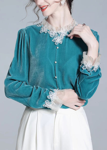 Blue Button Patchwork Silk Velour Top Winter
