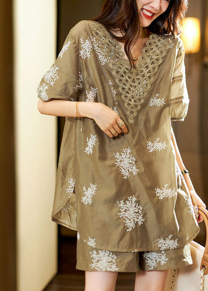 Unique Khaki V Neck Embroideried Chiffon Top and Shorts Two Pieces Set Summer