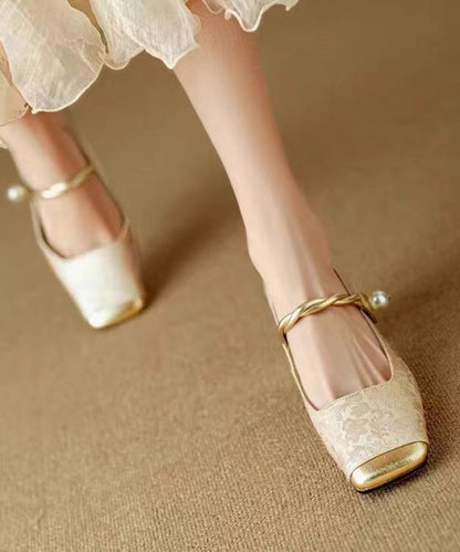 Chinese Retro Gold Chunky Heel Print Buckle Strap Loafers