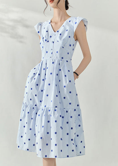 Blue V Neck Print Tunic Maxi Dresses Summer