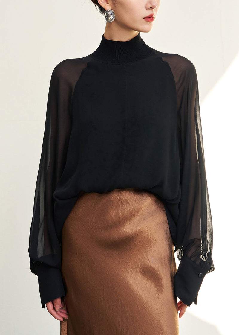 Loose Black Turtleneck Thin Silk Shirt Fall