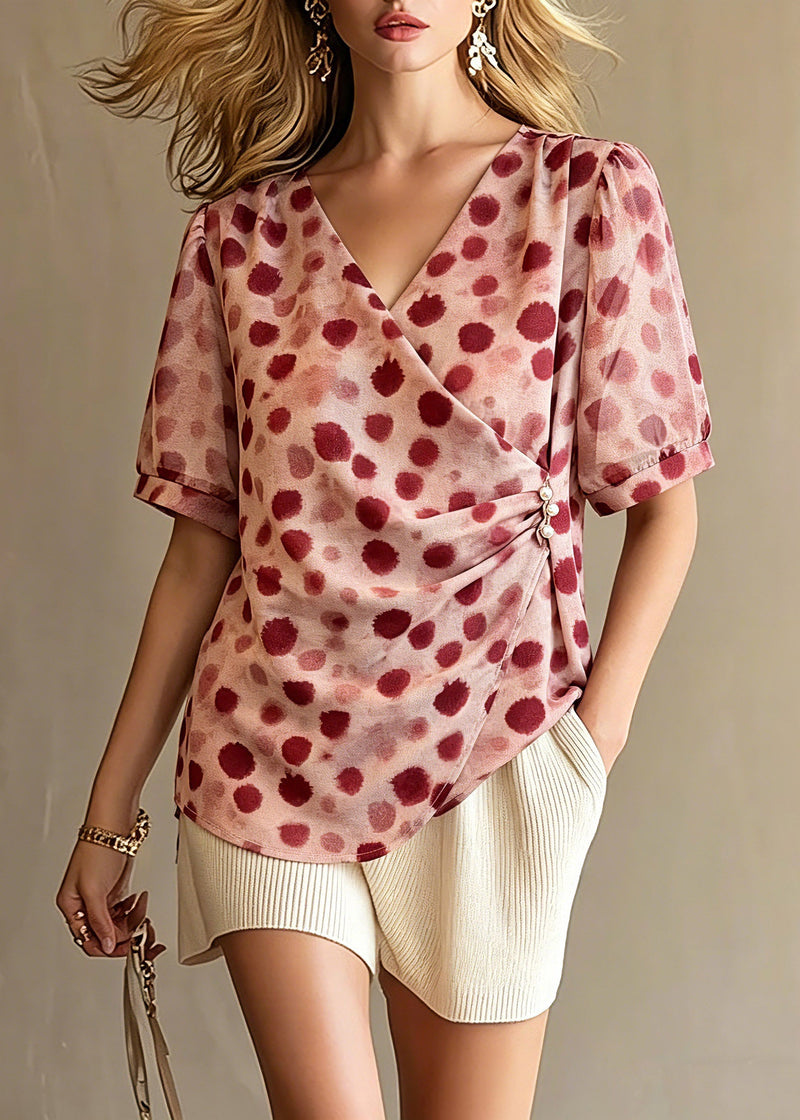 Red V Neck Print Top Summer
