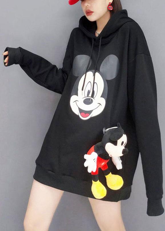 Unique Black Hooded Print Fall Sweatshirts Top