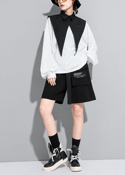 Modern White Lantern Sleeve Patchwork Peterpan Collar Fall Shirt Top