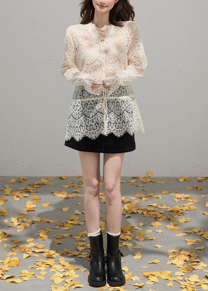 Beige Embroidered Hollow Out Lace Shirt Top Summer