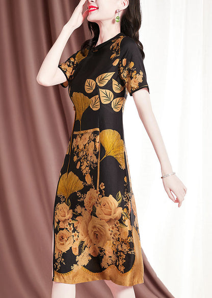 Fitted Black O-neck Print Side Open Silk Dress Short Sleeve