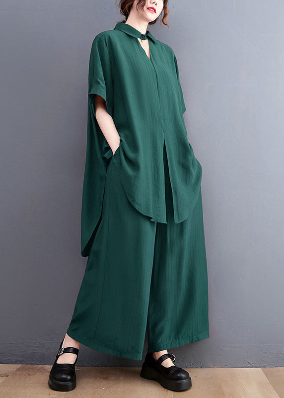 French Green Oversized Side Open Draping Silk Two Piece Set Clothing Summer