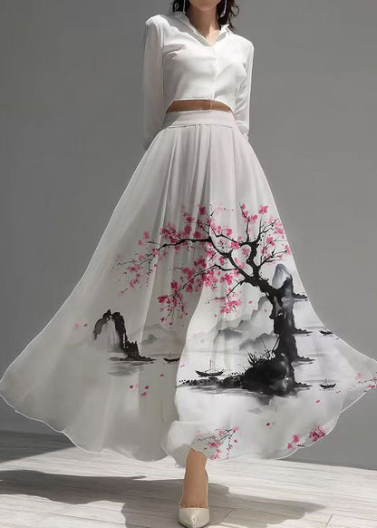 New Retro White Print Exra Large Hem Chiffon Skirts Summer