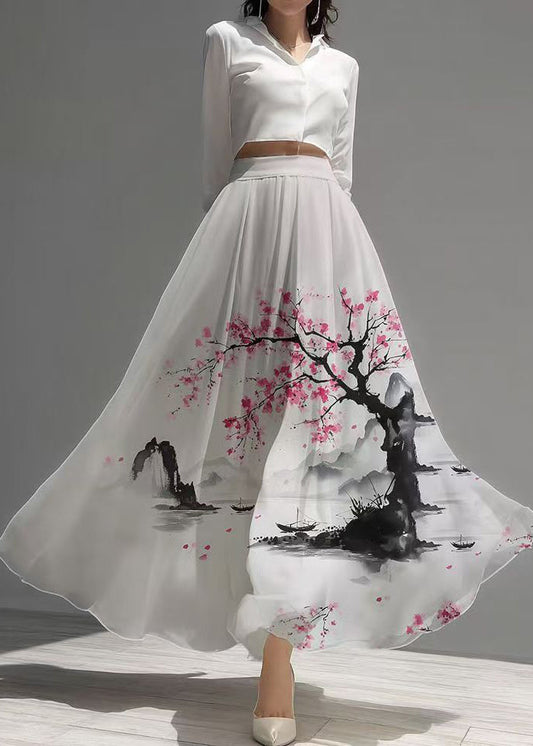 New Retro White Print Exra Large Hem Chiffon Skirts Summer