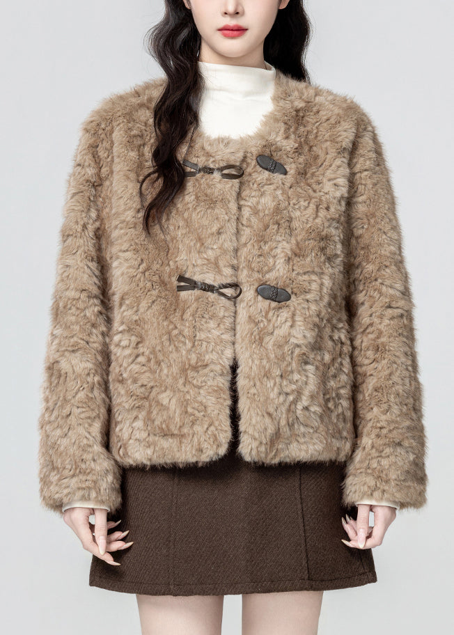 Khaki O Neck Button Teddy Faux Fur Coat Winter