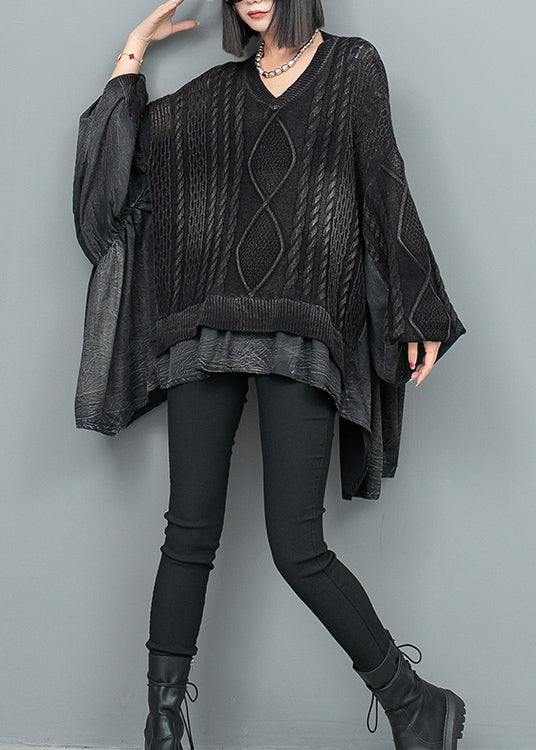 Black V Neck Patchwork Knit Sweater Batwing Sleeve