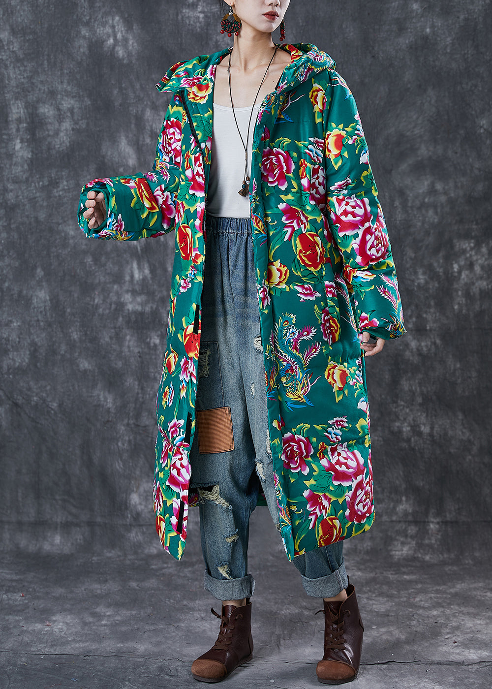 Green Original Print Fine Cotton Filled Parka Jacket Hooded Winter