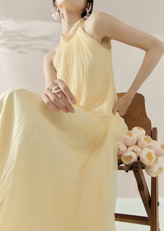 Yellow Halter Cold Shoulder Patchwork Holiday Maxi Dresses Summer