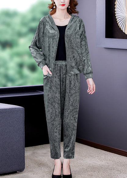 Loose Grey Print Silk Velour Coats and Harem Pants Two Pieces Set Fall