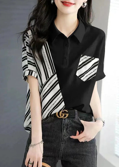 White Peter Pan Collar Striped Patchwork Top Short Sleeve