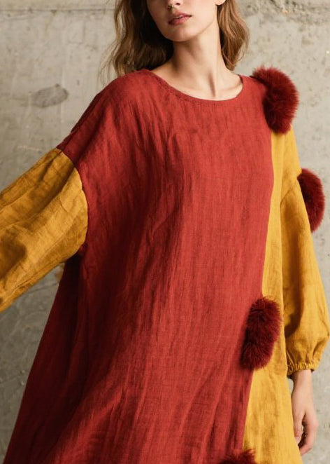 Style Colorblock Patchwork Fuzzy Ball Decorated Vacation Dresses Fall