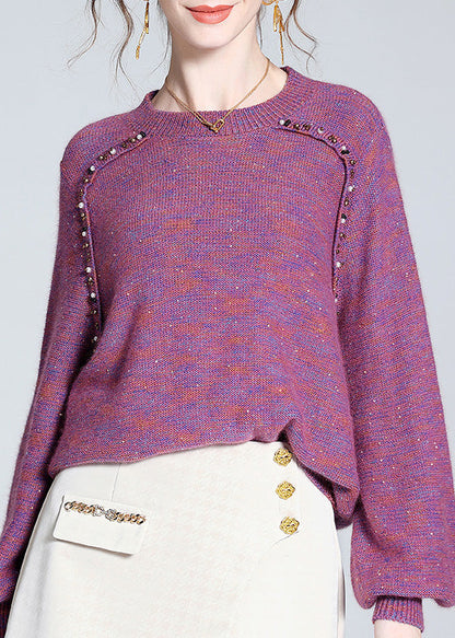 Style Purple O-neck Nail Bead Cashmere Knit Sweaters Spring